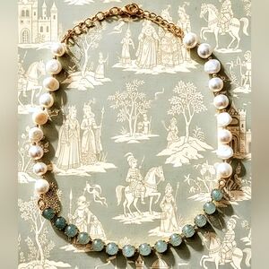 Natural Green Jade & Freshwater Cultured Baroque Pearl Necklace 14K Gold Plated